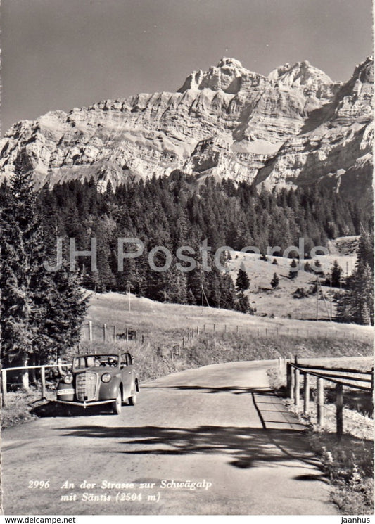 An der Strasse zur Schwagalp mit Santis 2504 m - old car - 1 - 2996 - Switzerland - old postcards - used - JH Postcards