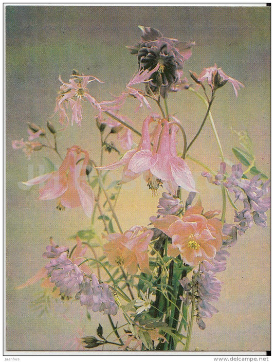 mini Birthday greeting card - flowers - 1989 - Russia USSR - unused - JH Postcards