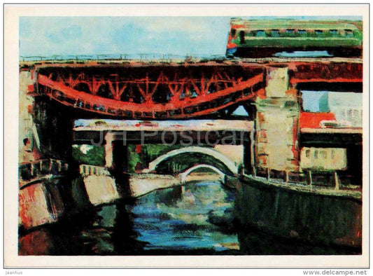 painting by G. Manizer - Bridges on the Jauza river . Moscow - train - locomotive - russian art - unused - JH Postcards