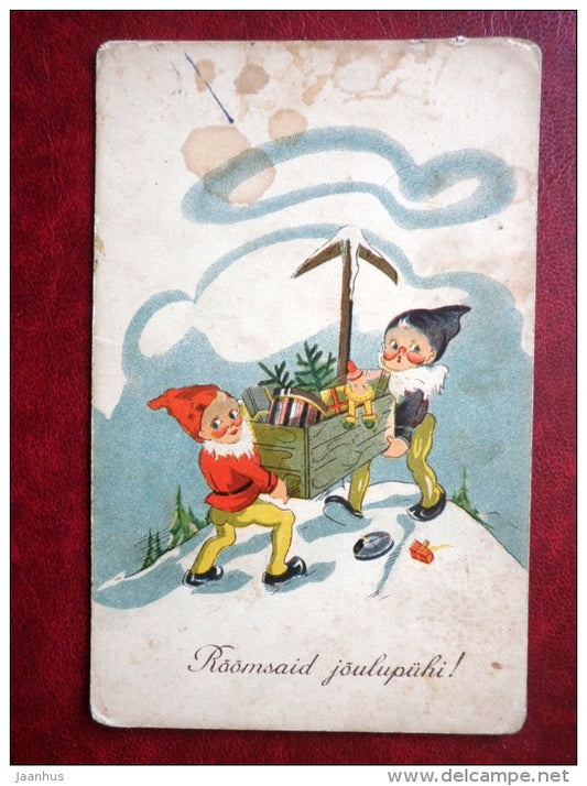 Christmas Greeting Card - dwarfs - gifts - 390 - 1920s-1930s  - Estonia - used - JH Postcards