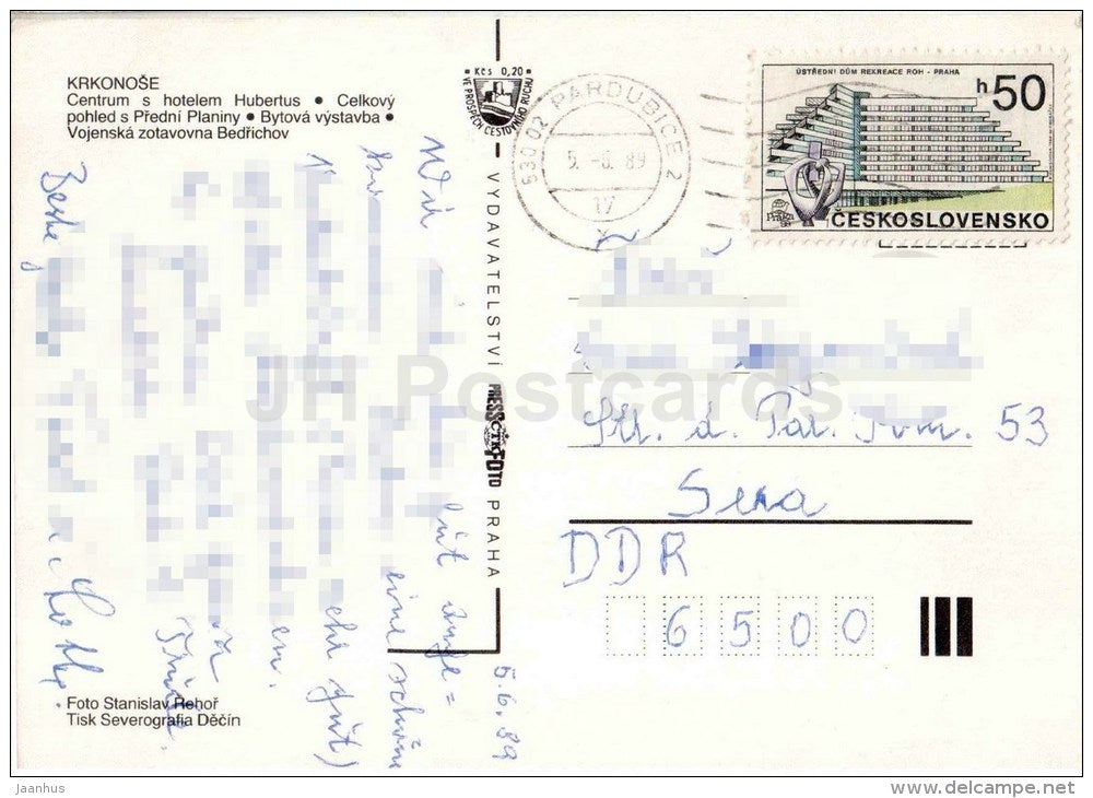 center and hotel Hubertus - apartment houses - Špindleruv Mlyn - Czechoslovakia - Czech - used 1989 - JH Postcards
