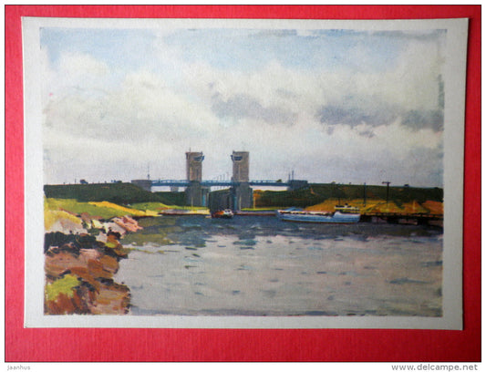 illustration by K. Dzhakov - Evening on Vyterga river - ship - Volga & Baltic Waterway - 1966 - Russia USSR - unus - JH Postcards