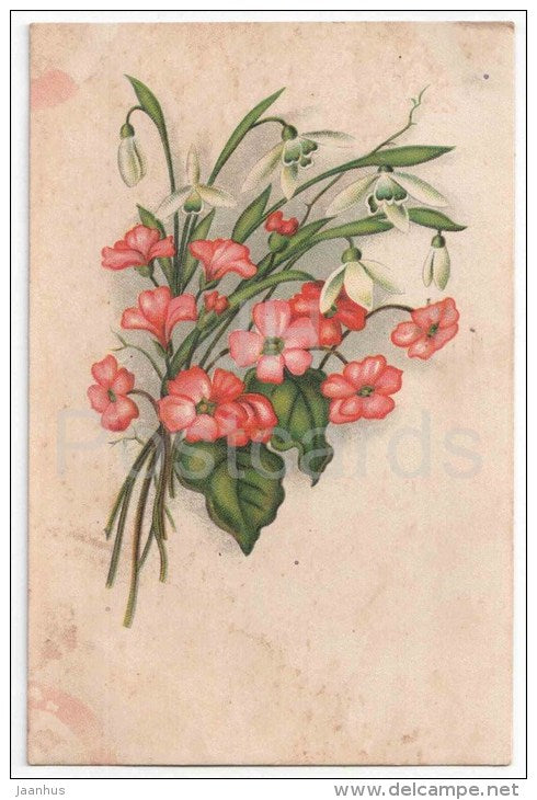 Greeting Card - Red and White Flowers - KJ Tartu 5 - old postcard - used in Estonia - JH Postcards