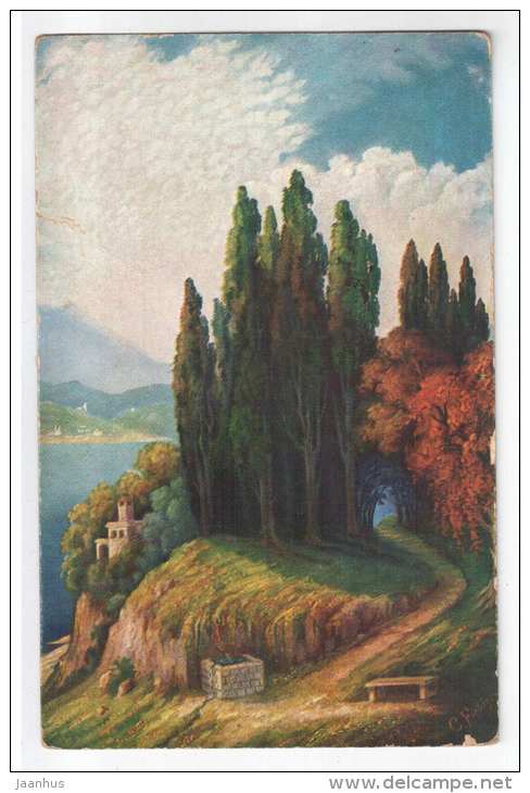 illustration by Fiebiger - park , road - Amag 1054 - old postcard - circulated in Estonia - used - JH Postcards