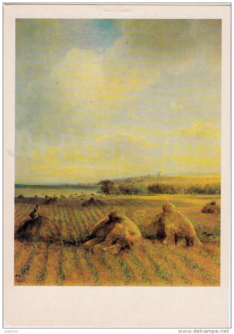 painting by A. Savrasov - In late summer on the Volga , 1873 - haystack - Russian art - 1986 - Russia USSR - unused - JH Postcards