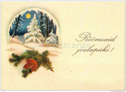 Christmas Greeting Card - fir cones - winter forest view - old postcard reproduction - Estonia - unused - JH Postcards
