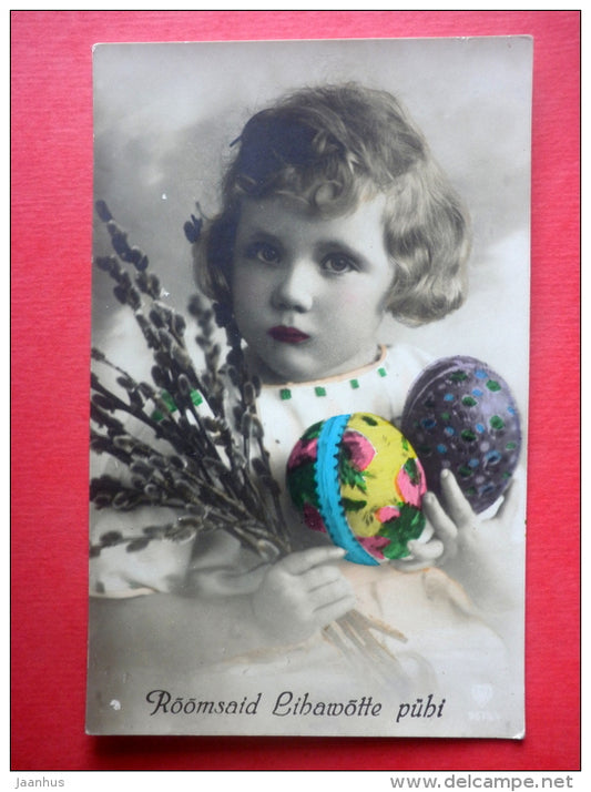 easter greeting card - eggs - catkins - child - 9675/4 - circulated in Estonia Pärnu 1927 - JH Postcards