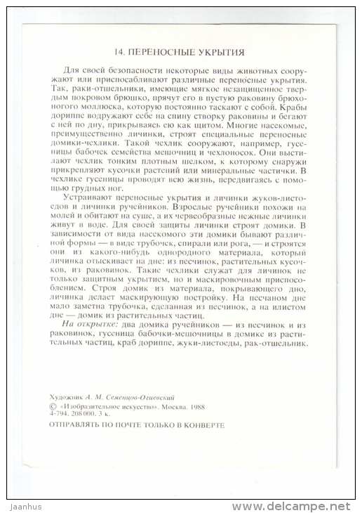 crab - Leaf Beetle - Dorippe frascone - portable shelters - Animals defend themselves - 1988 - Russia USSR - unused - JH Postcards