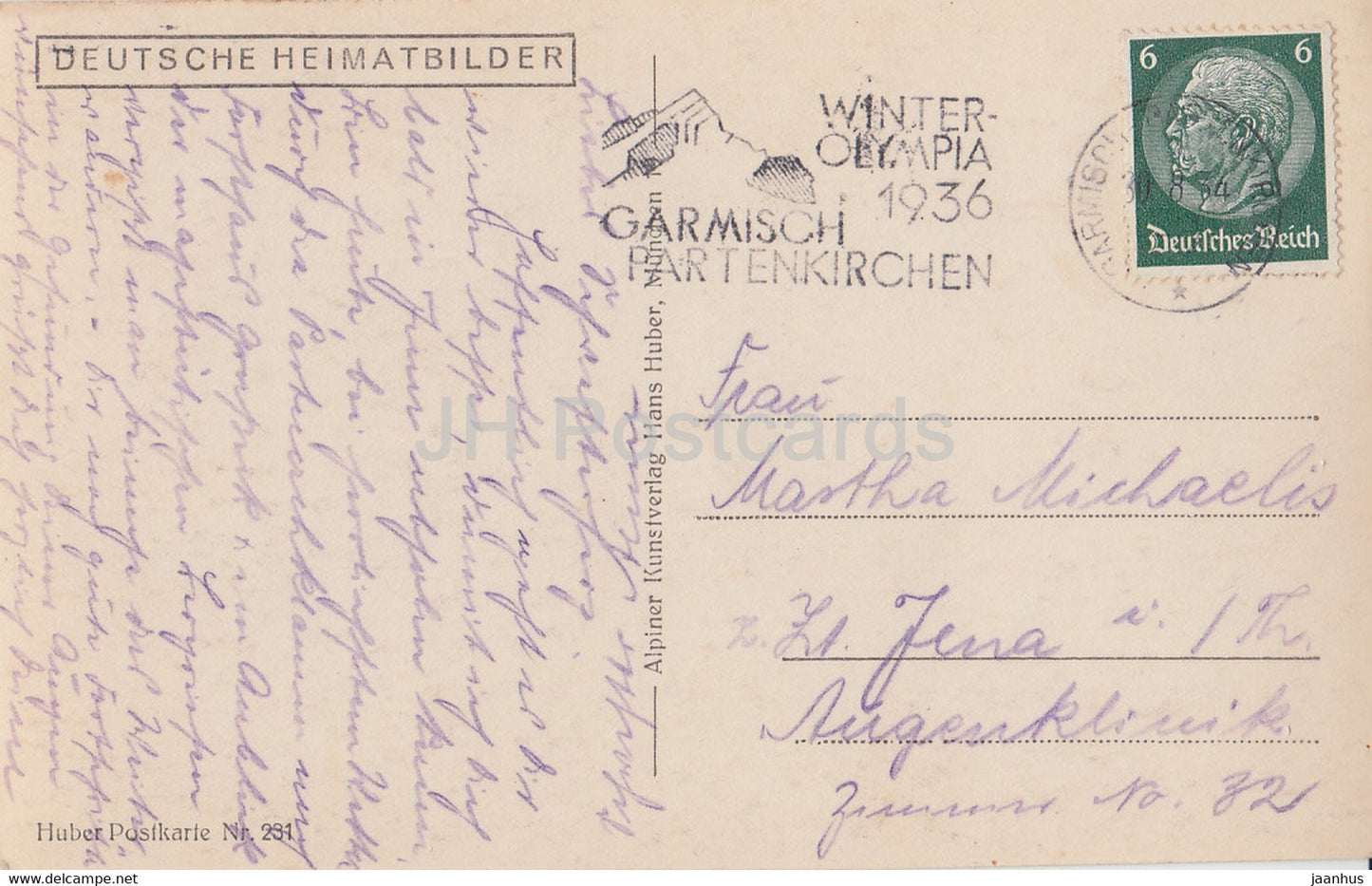Garmisch - Fruhlingstr m Zugspitze - Alpspitze - Waxenstein - Winterolympia - 231 - old postcard - 1936 - Germany - used