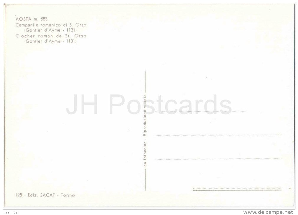 Campanile Romanico di S. Orso m. 583 - bell tower - Aosta - Val d´Aosta - 128 - Italia - Italy - unused - JH Postcards