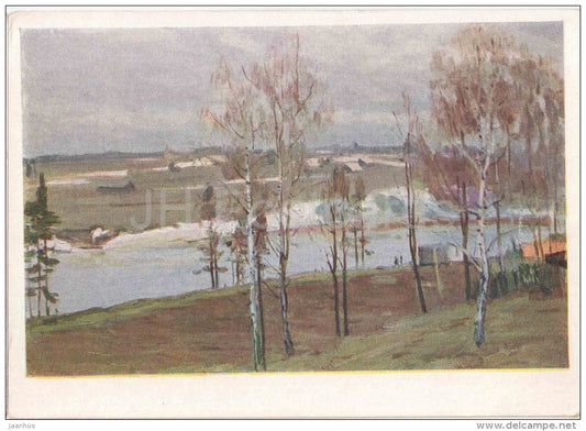 painting by N. Novikov - The Spring - river - landscape - russian art - unused - JH Postcards