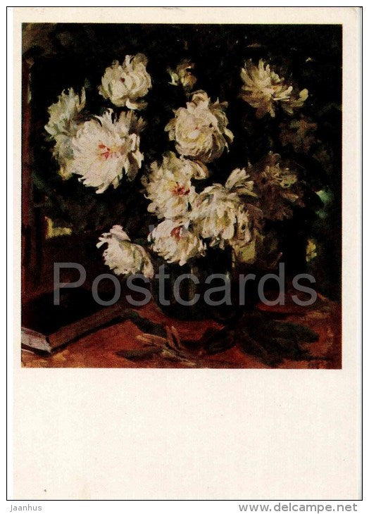 painting by M. Platunov - White Peonies - flowers - russian art - unused - JH Postcards