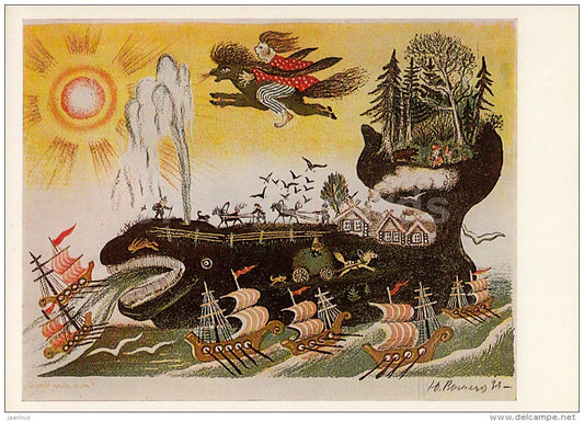 painting by Y. Vasnetsov - The Miraculous Whale , 1939 - ship - Fairy Tale - Russian Art - 1987 - Russia USSR - unused - JH Postcards