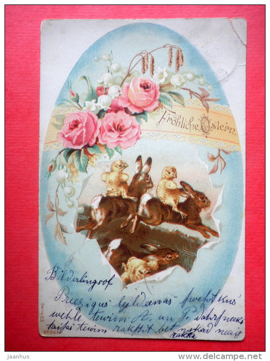 easter greeting card - hare - chick - flowers - Serie 53 , No 968 - circulated in Imperial Russia Estonia Wesenberg 1902 - JH Postcards