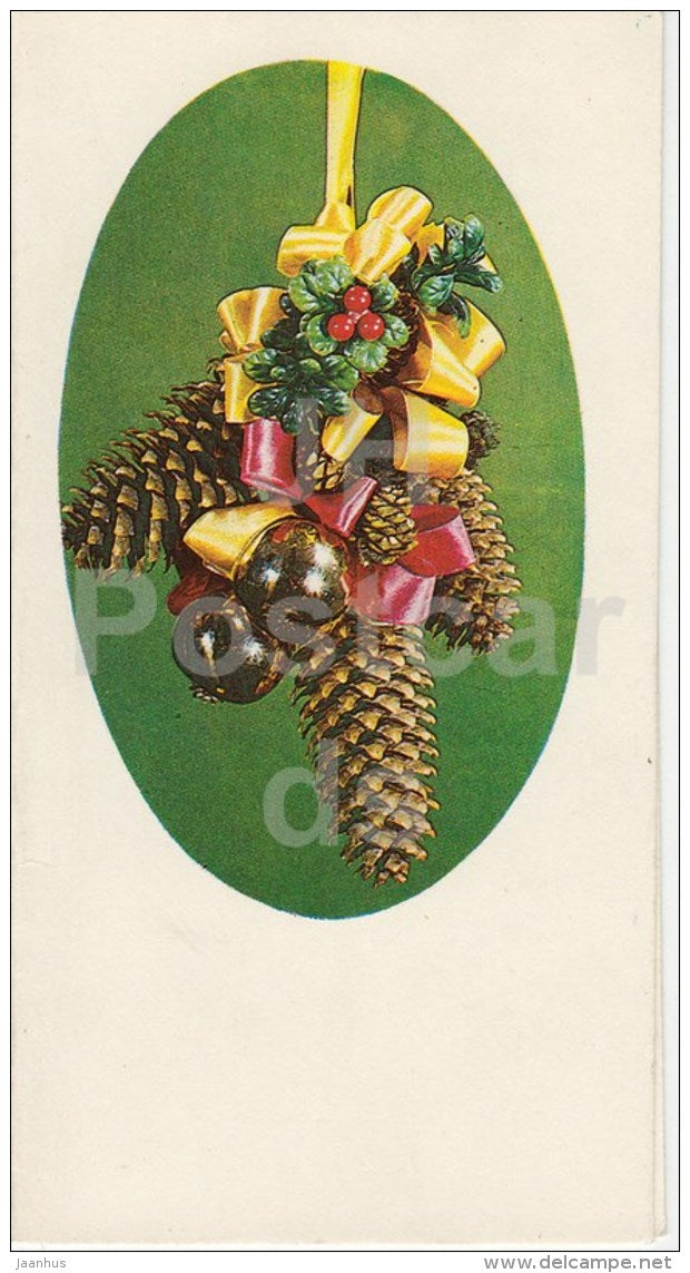 New Year greeting card - 2 - decorations - fir cones - 1984 - Estonia USSR - used - JH Postcards
