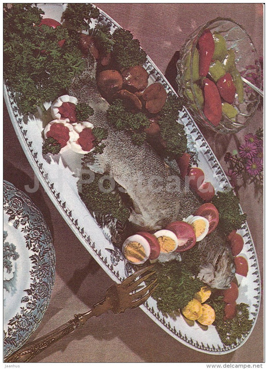 cooked trout with plenty of garnish - Fish Dishes - food - recepies - 1986 - Estonia USSR - unused - JH Postcards