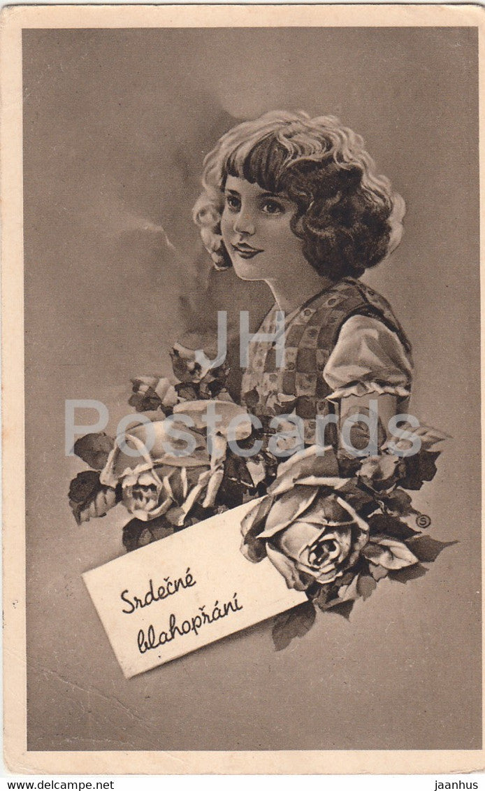 Srdecne Blahoprani - girl - flowers - illustration - old postcard - 1938 - Czech Republic - used - JH Postcards