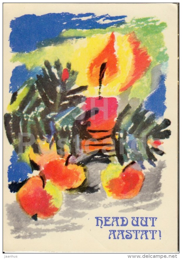 New Year Greeting card by A. Jõers - 1 - apples - candle - 1976 - Estonia USSR - used - JH Postcards