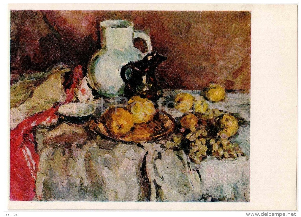 painting by O. Petrovicheva - Still life with white jug , 1962 - apple - grape - russian art - unused - JH Postcards
