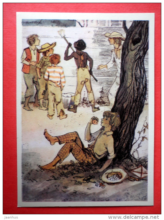 illustration by G. Mazurin - Painting the Fence - The Adventures of Tom Sawyer by M. Twain - 1976 - Russia USSR - unused - JH Postcards