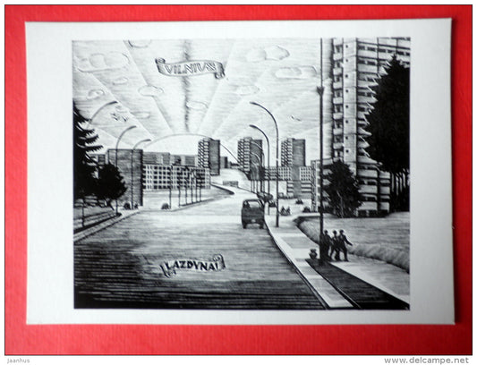 engraving by Jonas Kuzminskis - Vilnius . Lazdynai residential district . 1972 - lithuanian art - unused - JH Postcards