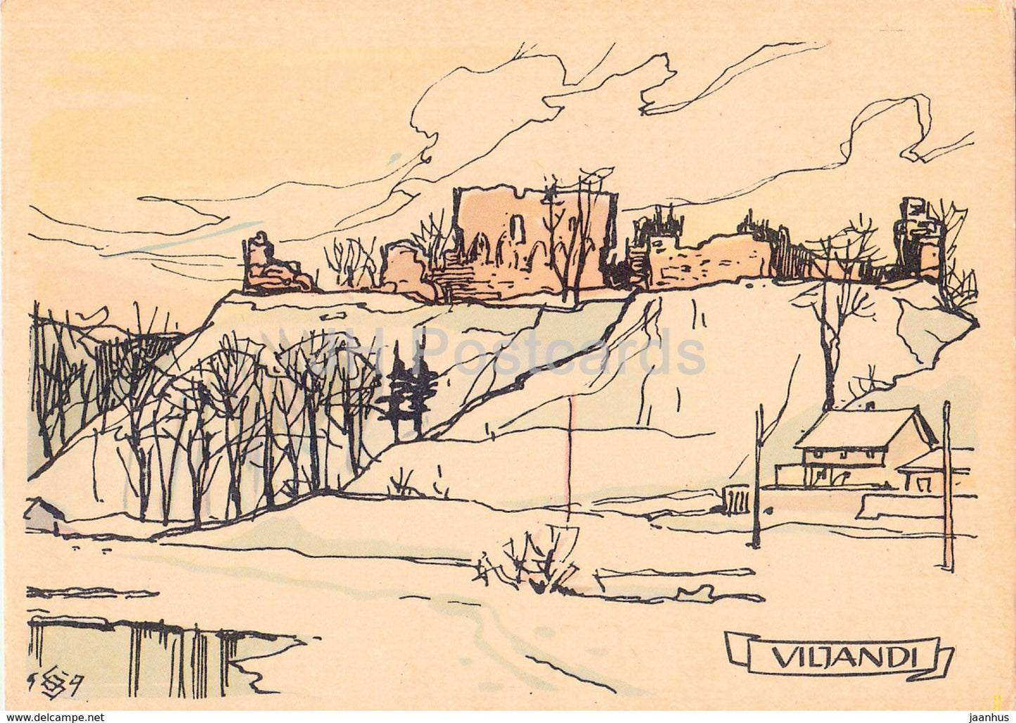 View of the castle hill - ruins - Viljandi - Illustration by O. Soans - 1960 - Estonia USSR - unused - JH Postcards