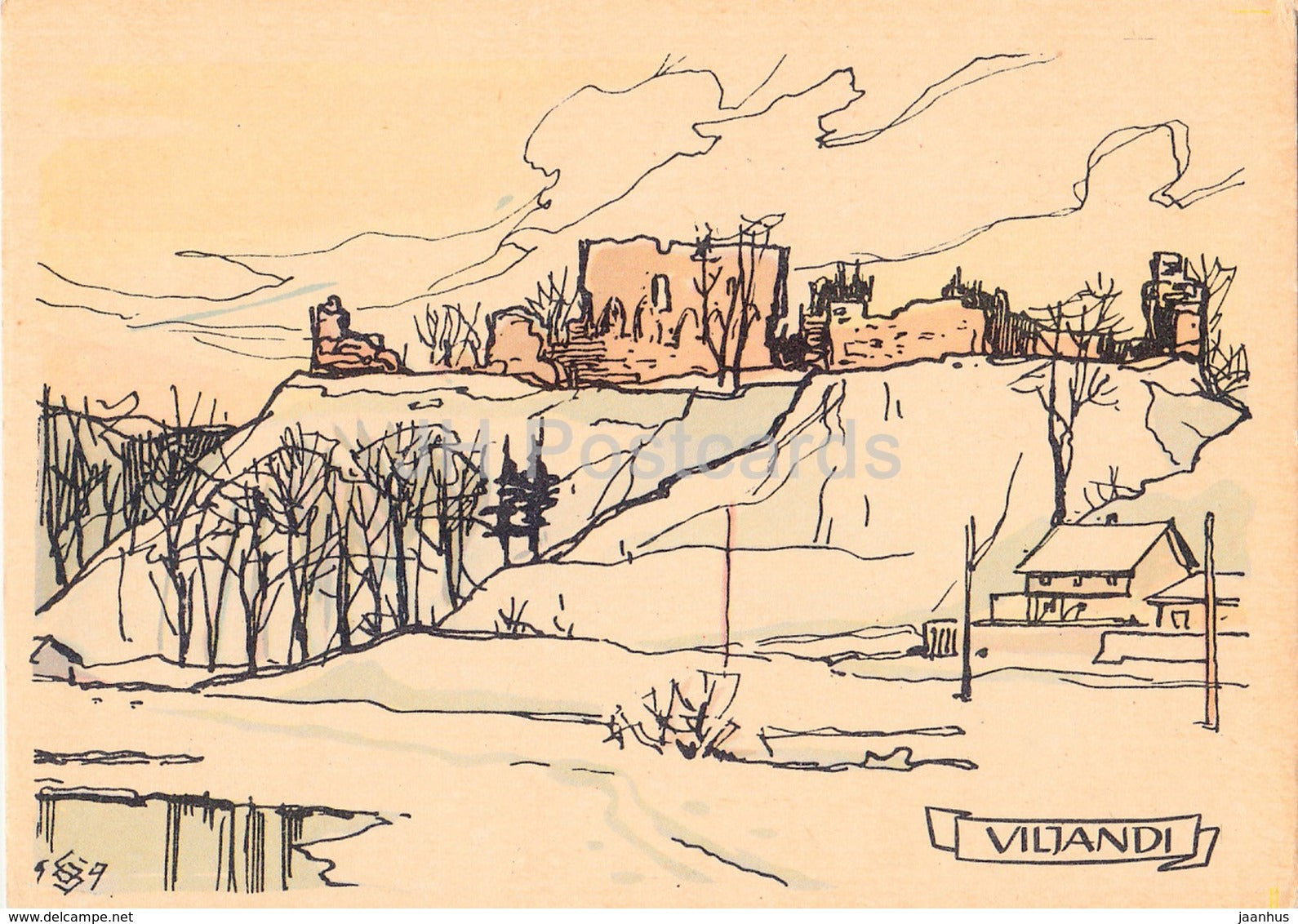 View of the castle hill - ruins - Viljandi - Illustration by O. Soans - 1960 - Estonia USSR - unused - JH Postcards