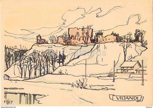 View of the castle hill - ruins - Viljandi - Illustration by O. Soans - 1960 - Estonia USSR - unused - JH Postcards