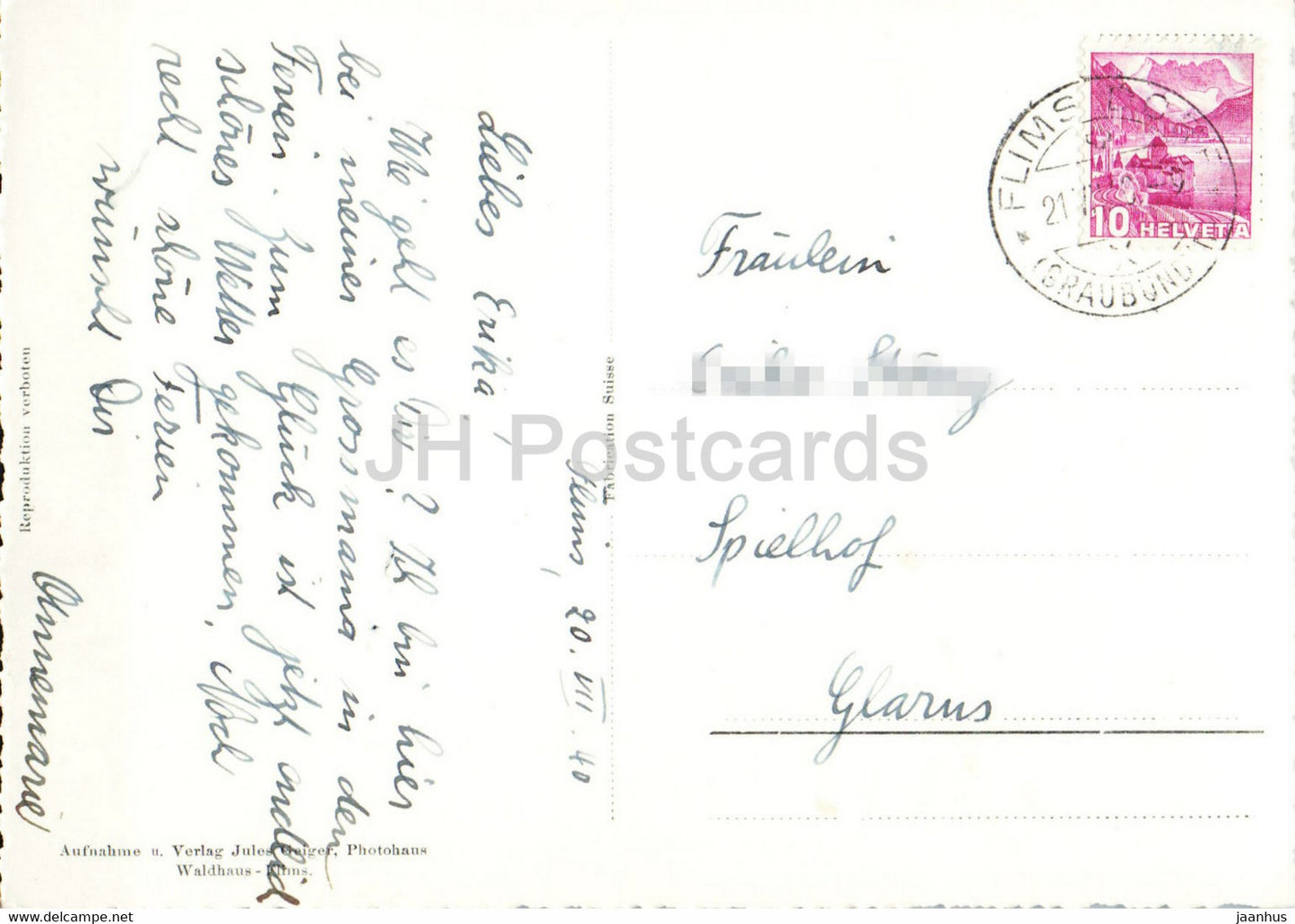 Flims mit Flimserstein - 1639 - carte postale ancienne - 1940 - Suisse - utilisé
