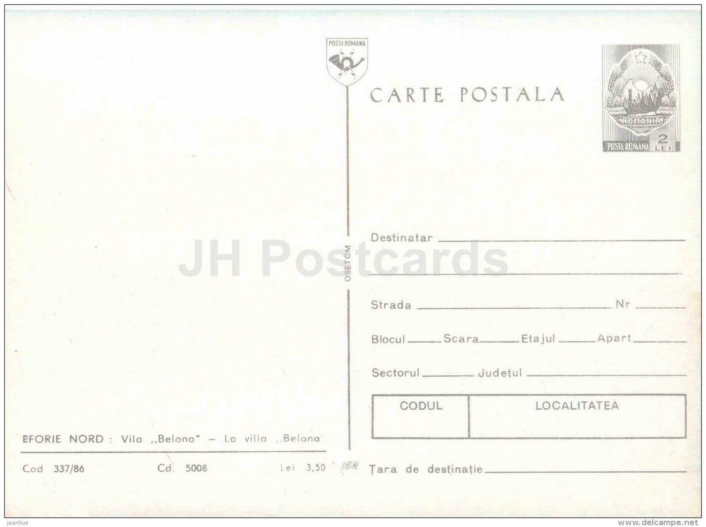 Eforie Nord - villa Belona - beach - boat - postal stationery - Romania - unused - JH Postcards