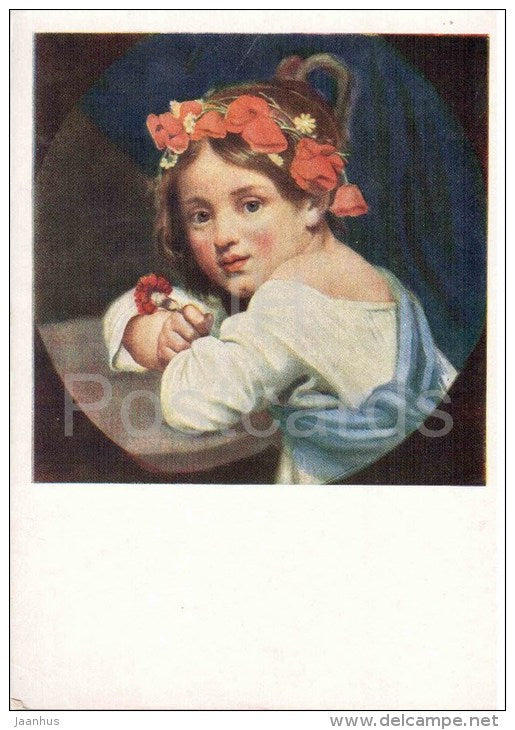 painting by O. Kiprensky - Girl in poppy wreath with a carnation in her hand - russian art  - unused - JH Postcards