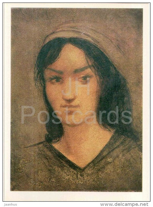 painting by Cornelius Sanadze - Madonna of the Tea Plantations , 1972 - young woman - georgian art - unused - JH Postcards