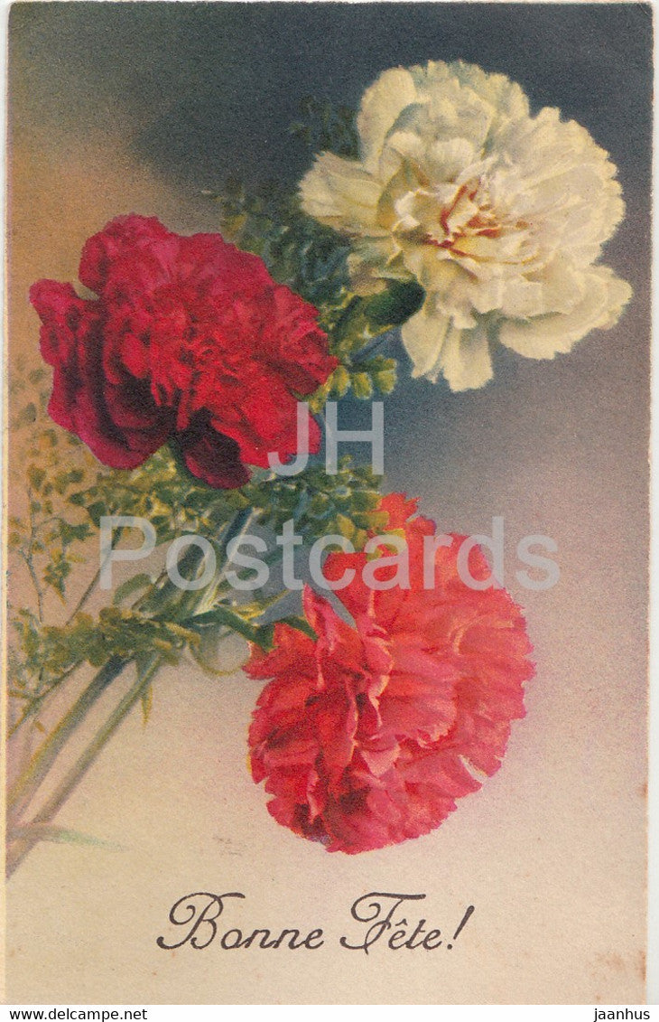 Birthday Greeting Card - Bonne Fete - carnations - flowers - Photochromie - 4092 - old postcard - France - used - JH Postcards