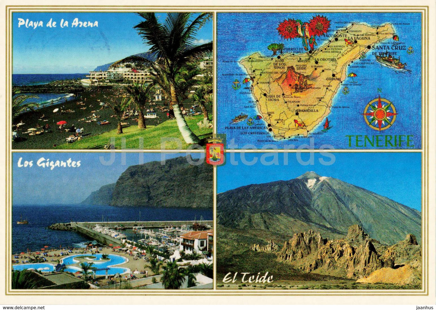 Islas Canarias - Playa de la Arena y Acantilado de los Gigantes - El Teide - Tenerife - map - 529 - 2001 - Spain - used - JH Postcards