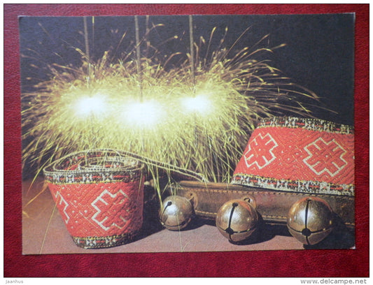 New Year Greeting card - sparklers - belt of folk costume - sleigh bells - 1984 - Estonia USSR - unused - JH Postcards