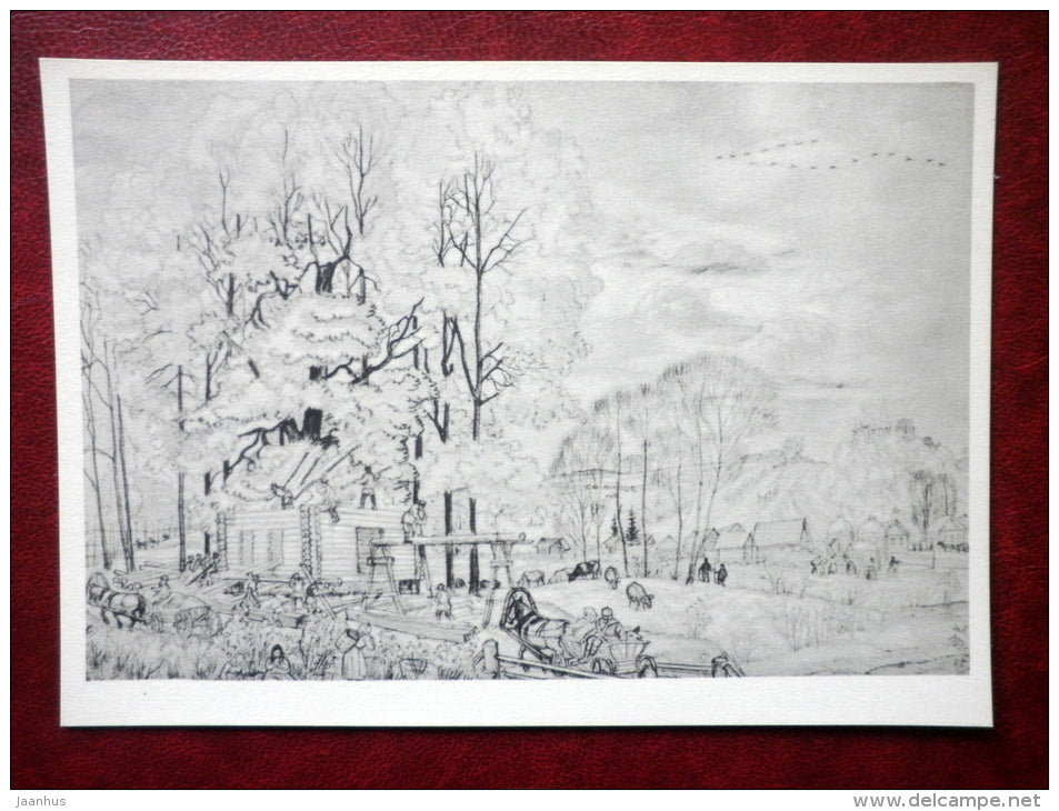 drawing by M. Kustodiev - Autumn , 1919 - horse - russian art - unused - JH Postcards