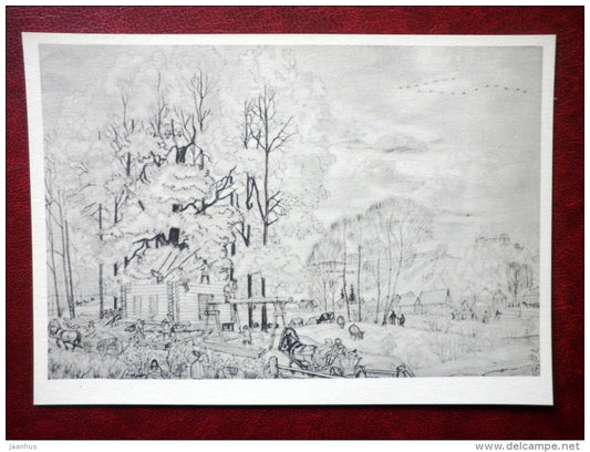drawing by M. Kustodiev - Autumn , 1919 - horse - russian art - unused - JH Postcards