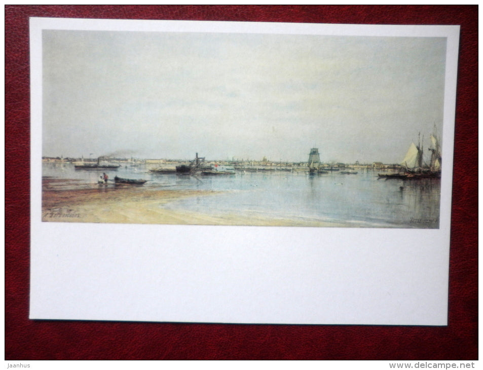 painting by Alexey Bogolyubov , the mouth of the Neva , 1872 - sailing ship - russian art - unused - JH Postcards