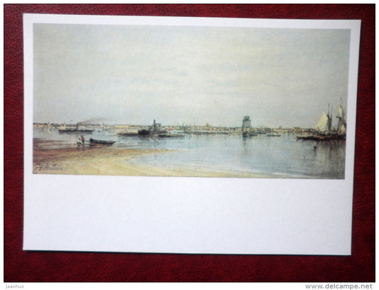 painting by Alexey Bogolyubov , the mouth of the Neva , 1872 - sailing ship - russian art - unused - JH Postcards