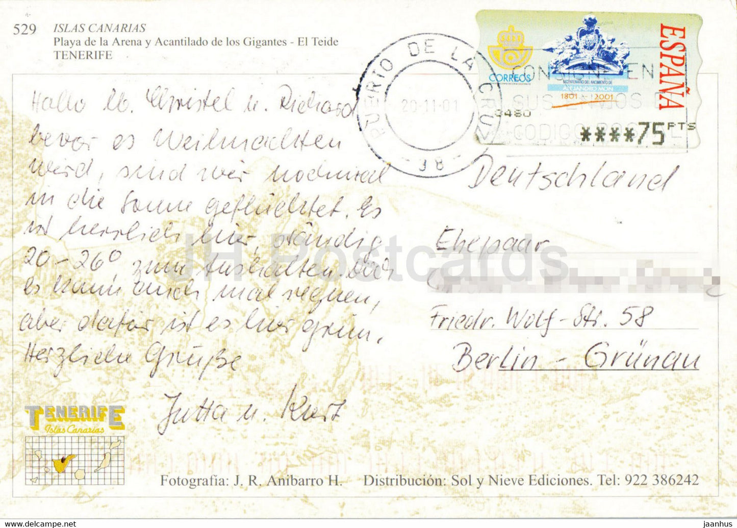 Islas Canarias - Playa de la Arena y Acantilado de los Gigantes - El Teide - Tenerife - carte - 529 - 2001 - Espagne - utilisé