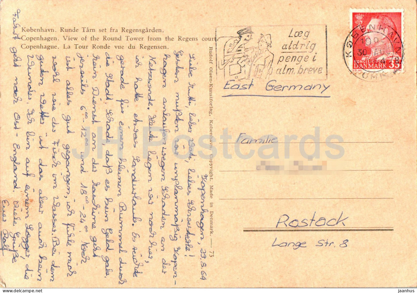 Copenhague - Runde Tarn set fra Regensgarden - Tour ronde de la cour de Regens - T 67 - 1964 - Danemark - utilisé 