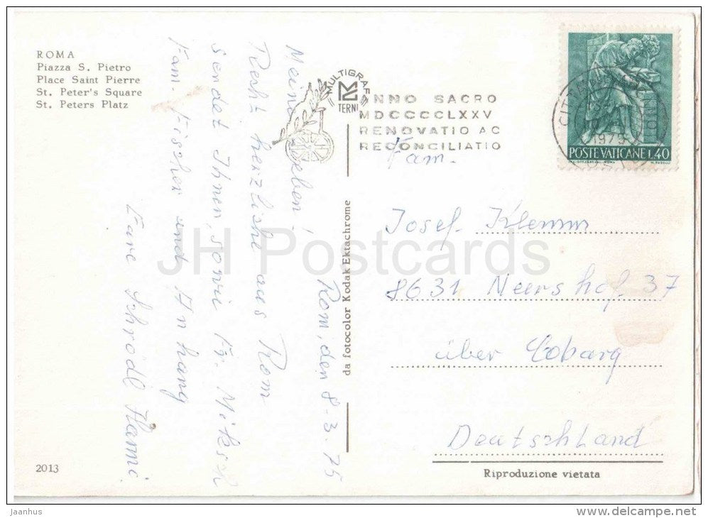 Piazza S. Pietro - St. Peter`s Square - Anno Santo 1975 - Roma - Rome - Vatican - 2013 - Italia - Italy - used - JH Postcards