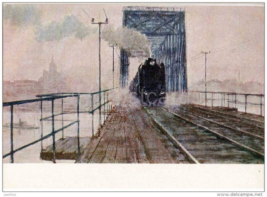 painting by D. Genin - On the Railway Bridge , 1868 - train - locomotive - russian art - unused - JH Postcards