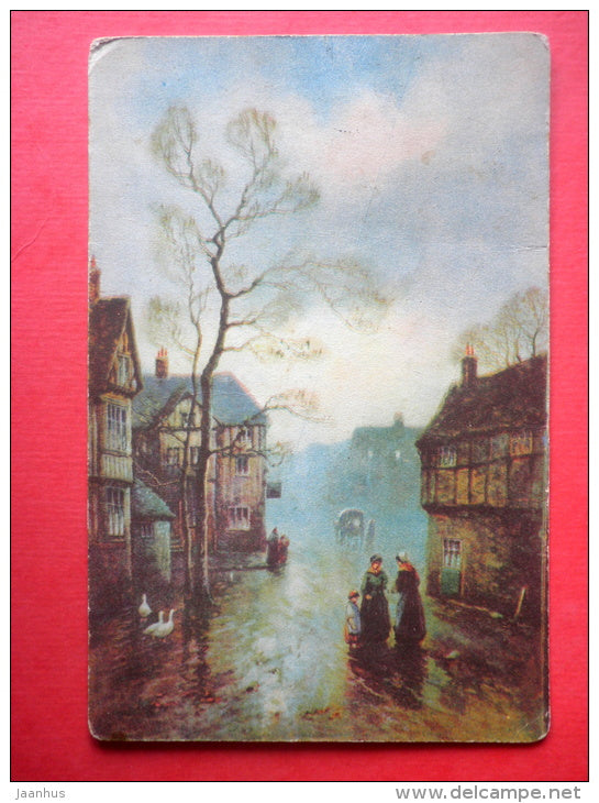 illustration - street - autumn - town - L&P - 863/5 - circulated in Estonia Nõmme 1933 - JH Postcards