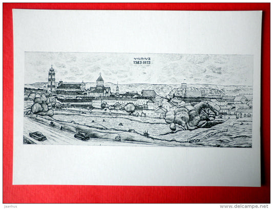 engraving by Jonas Kuzminskis - Vilnius Panorama 1323-1973 . 1972 - lithuanian art - unused - JH Postcards