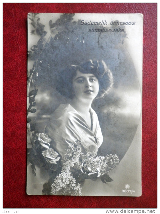Birthday Greeting Card - lady - flowers - 3837/4 - circulated in Tsarist Russia , Estonia - used - JH Postcards