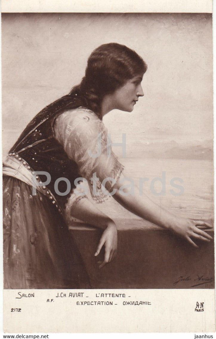 painting by J Ch Aviat - L'Attente - Expectation - woman - AN Paris - 2172 - art - old postcard - France - unused - JH Postcards