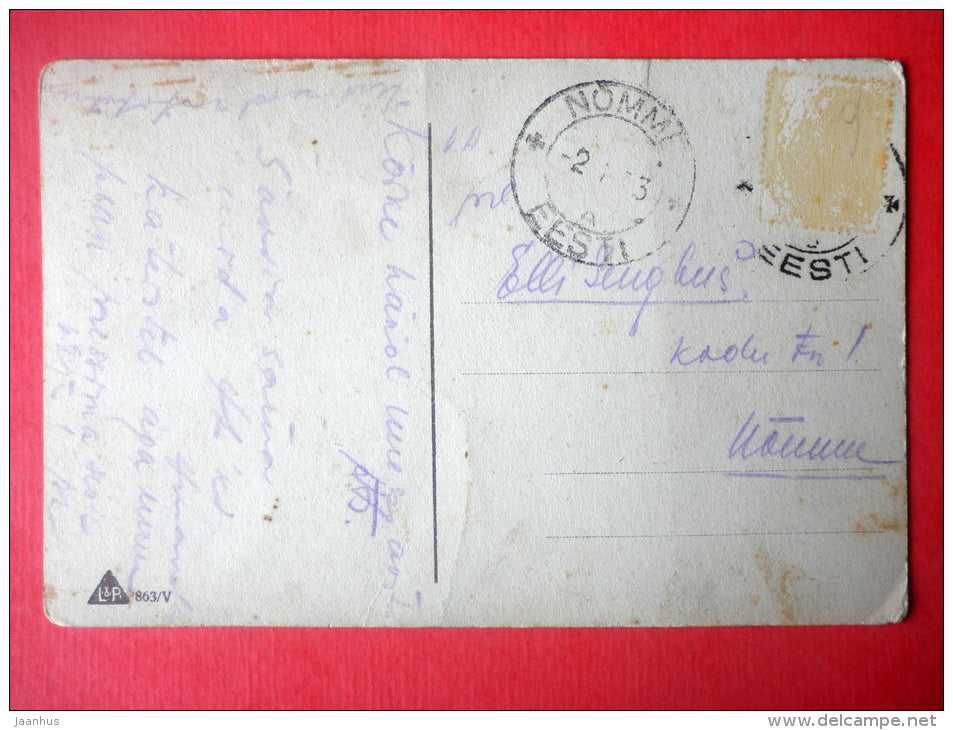 illustration - street - autumn - town - L&P - 863/5 - circulated in Estonia Nõmme 1933 - JH Postcards