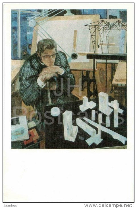 painting by V. Vasilyev - Portrait of an Architect , 1971 - drawing board - russian art - unused - JH Postcards