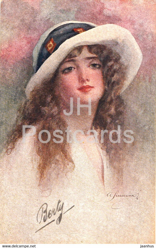 woman in hat - illustration by A. Simeone - old postcard - Italy - used - JH Postcards